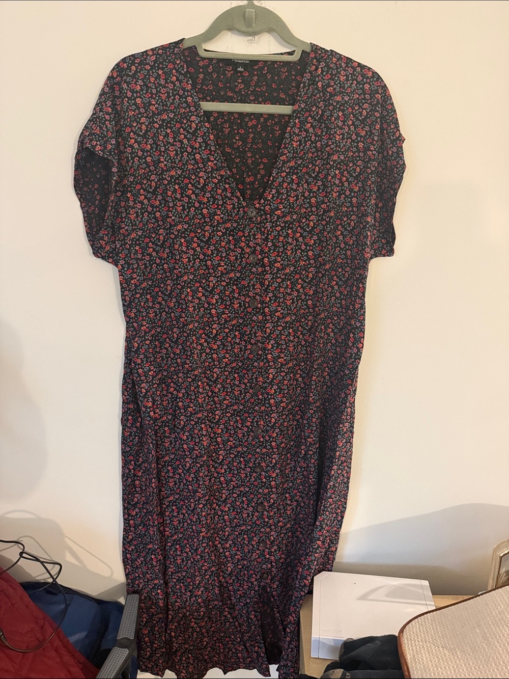 Madewell Black Midi Dress with Pink Floral Print